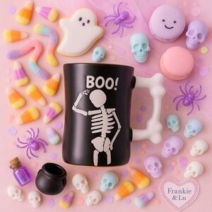 Halloween Skeleton BOO Mug Bone Handle Black Orange Interior Coffee Cup NWT
